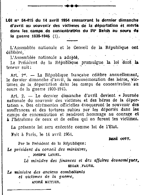 Cérémonies de la Déportation la  loi de 1954